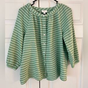 NWOT J.Jill Women’s Green Striped Cotton Button Up Tunic Blouse Shirt Size PM